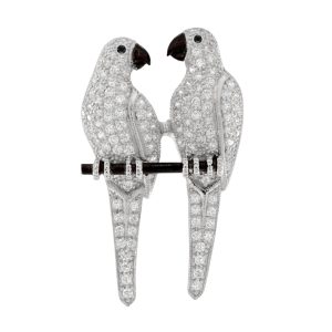 Diamond Art Deco Style Figural Double Parrot Bird Brooch