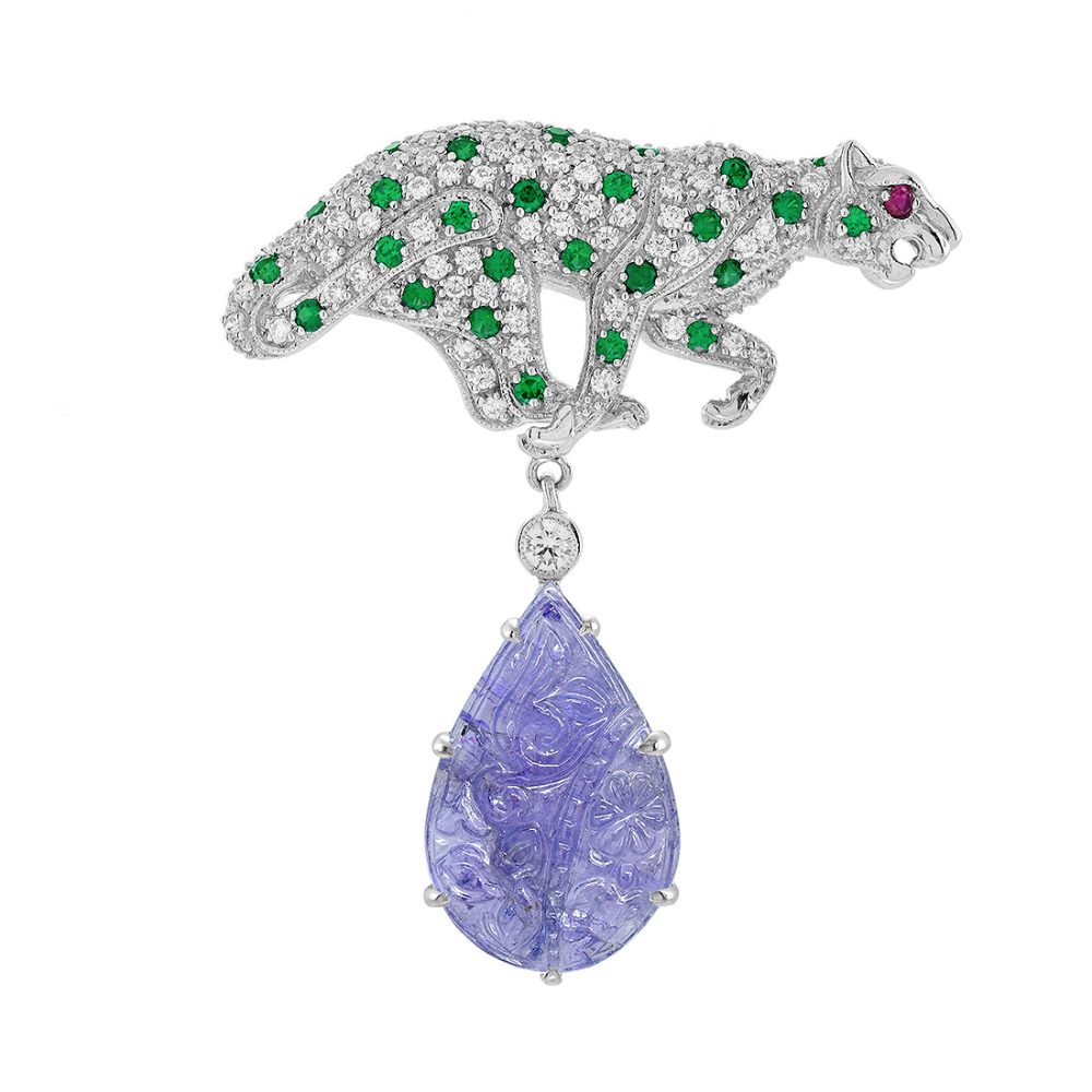 Carved Tanzanite Diamond Emerald Art Deco Style Panther Brooch-Pendant