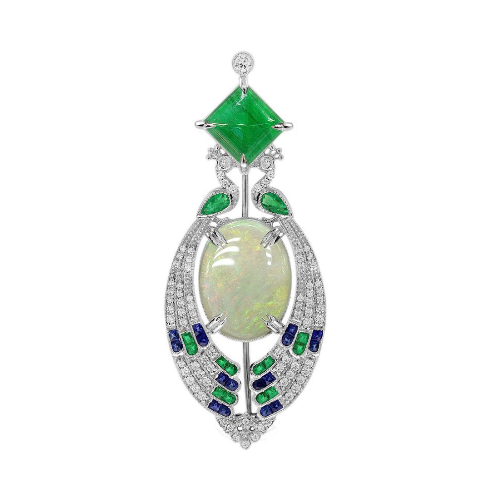 Opal Emerald Cabochon Sapphire Diamond Art Deco Style Geometric Openwork Brooch