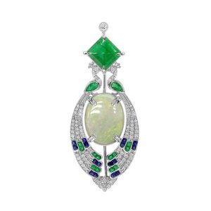 Opal Emerald Cabochon Sapphire Diamond Art Deco Style Geometric Openwork Brooch