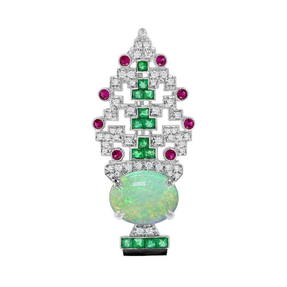 Opal Ruby Emerald Diamond Antique Style Vase Brooch