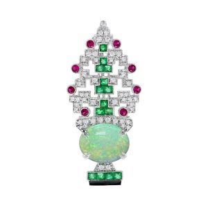 Opal Ruby Emerald Diamond Antique Style Vase Brooch