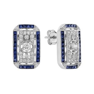 Diamond Sapphire Art Deco Style Filigree Plaque Stud Earrings