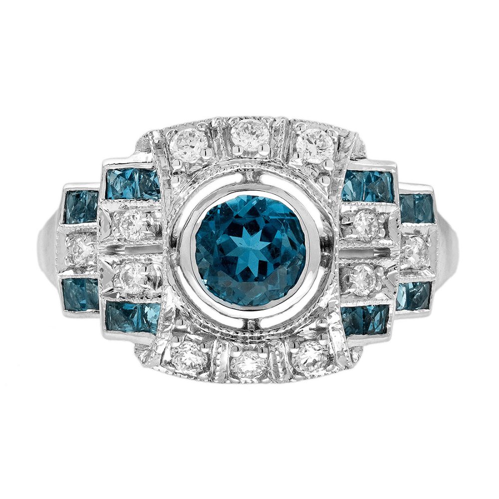 London Blue Topaz Diamond Art Deco Style Geometric Engagement Ring
