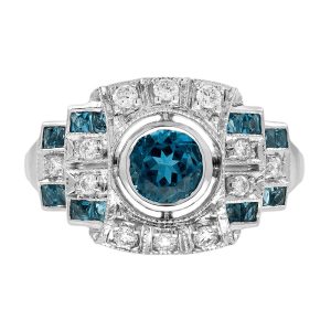 London Blue Topaz Diamond Art Deco Style Geometric Engagement Ring