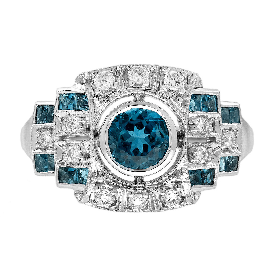 London Blue Topaz Diamond Art Deco Style Geometric Engagement Ring