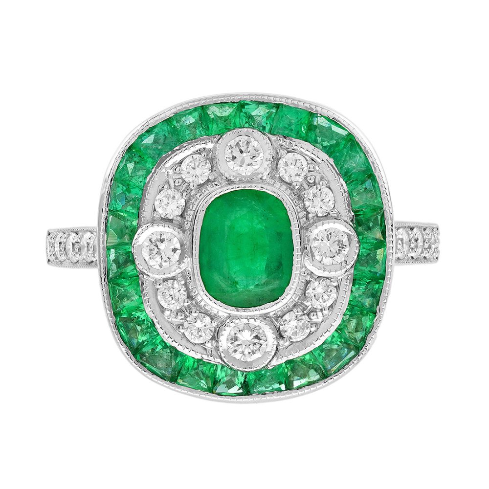 Emerald Diamond Art Deco Style Cushion Shape Engagement Ring