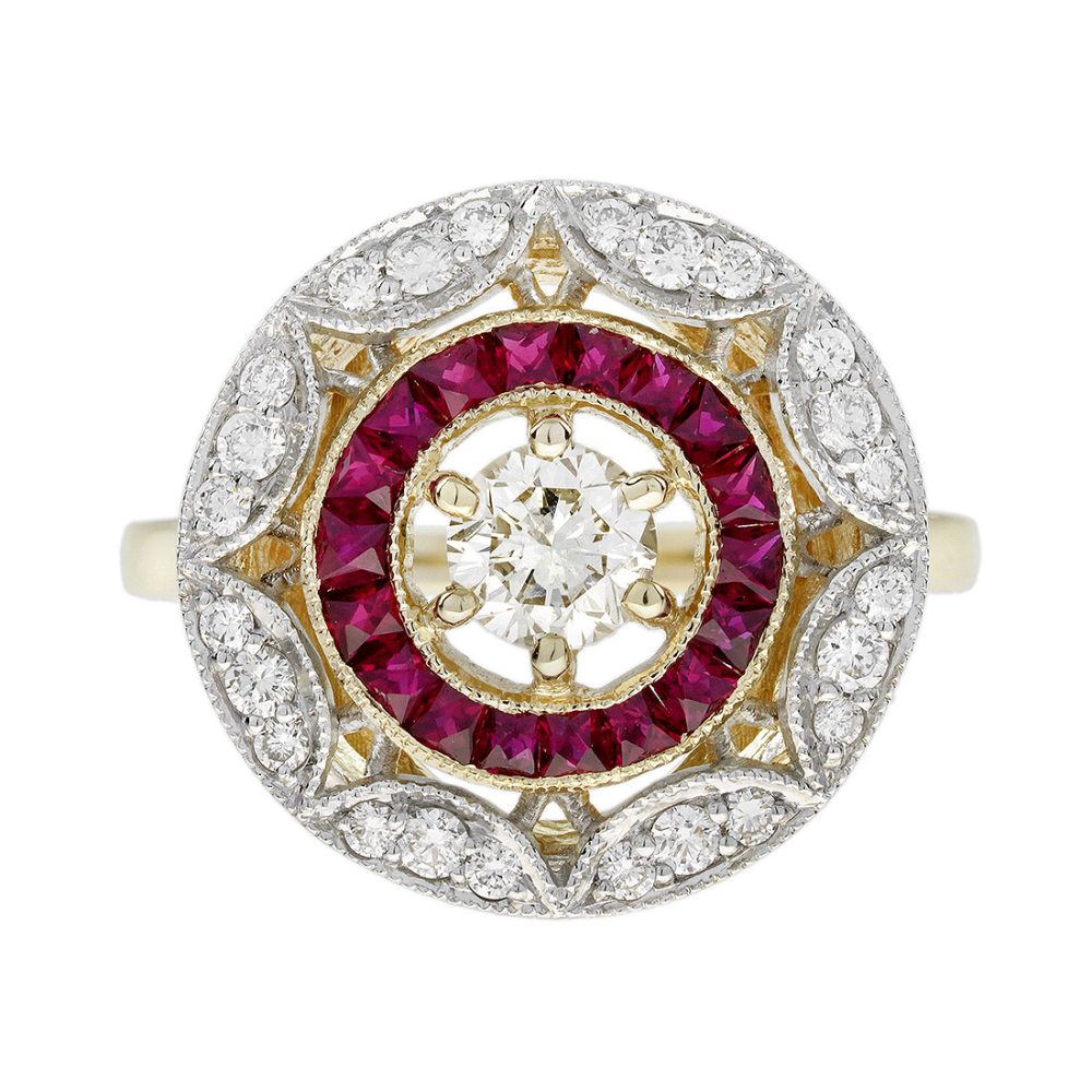 Diamond Ruby Art Deco Style Concentric Target Engagement Ring