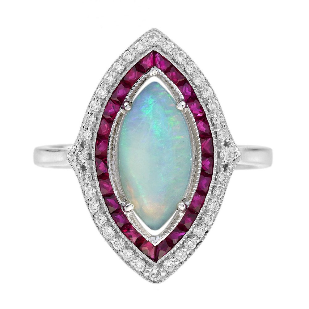 Opal Ruby Diamond Art Deco Style Marquise Target Cocktail Ring