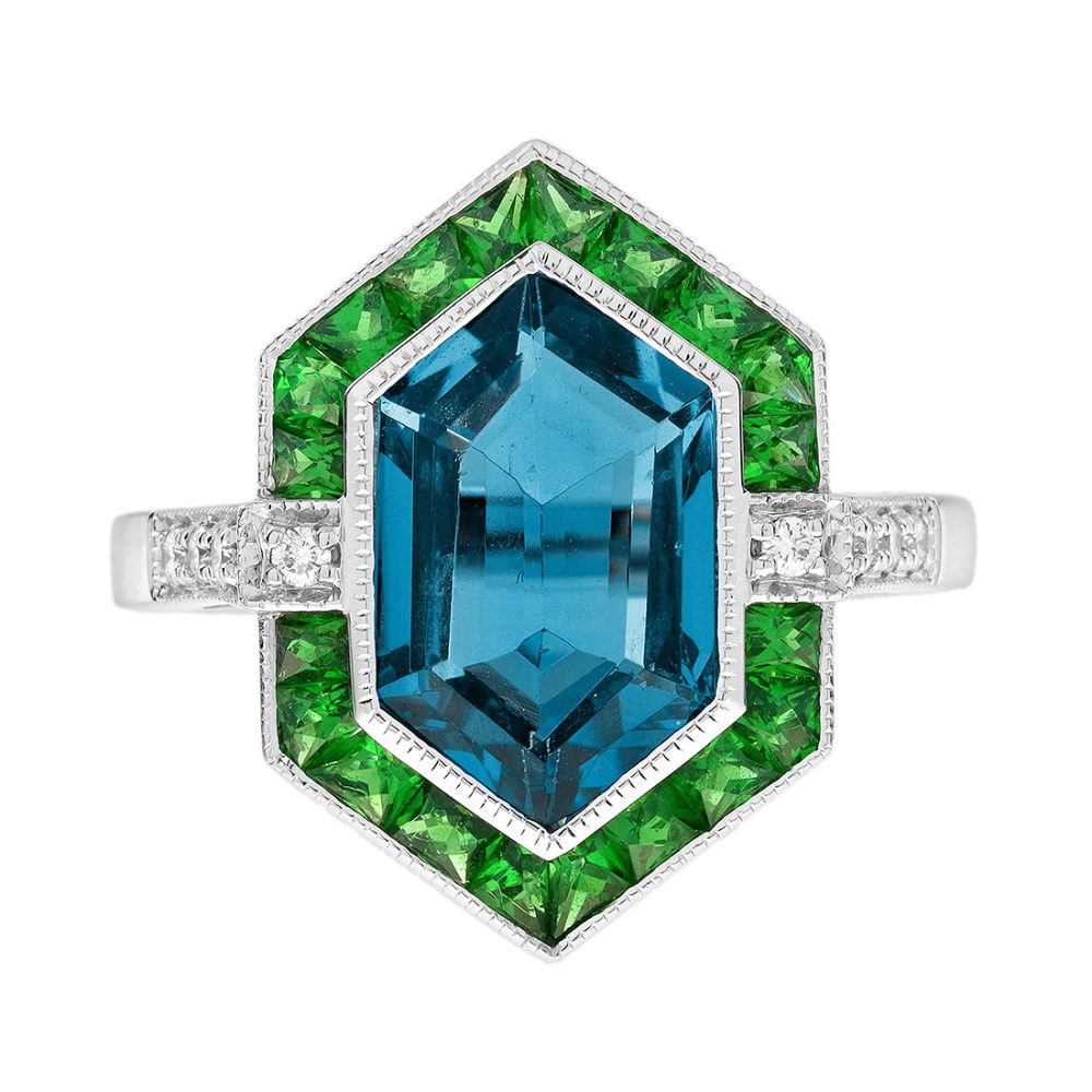 London Blue Topaz Tsavorite Diamond Art Deco Style Hexagonal Engagement Ring