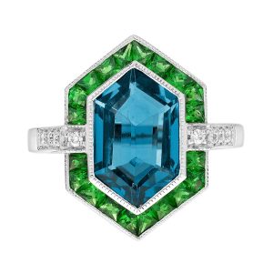 London Blue Topaz Tsavorite Diamond Art Deco Style Hexagonal Engagement Ring
