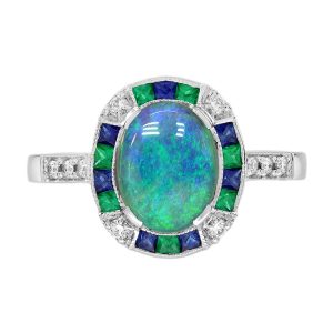 Black Opal Emerald Sapphire Diamond Art Deco Style Target Engagement Ring