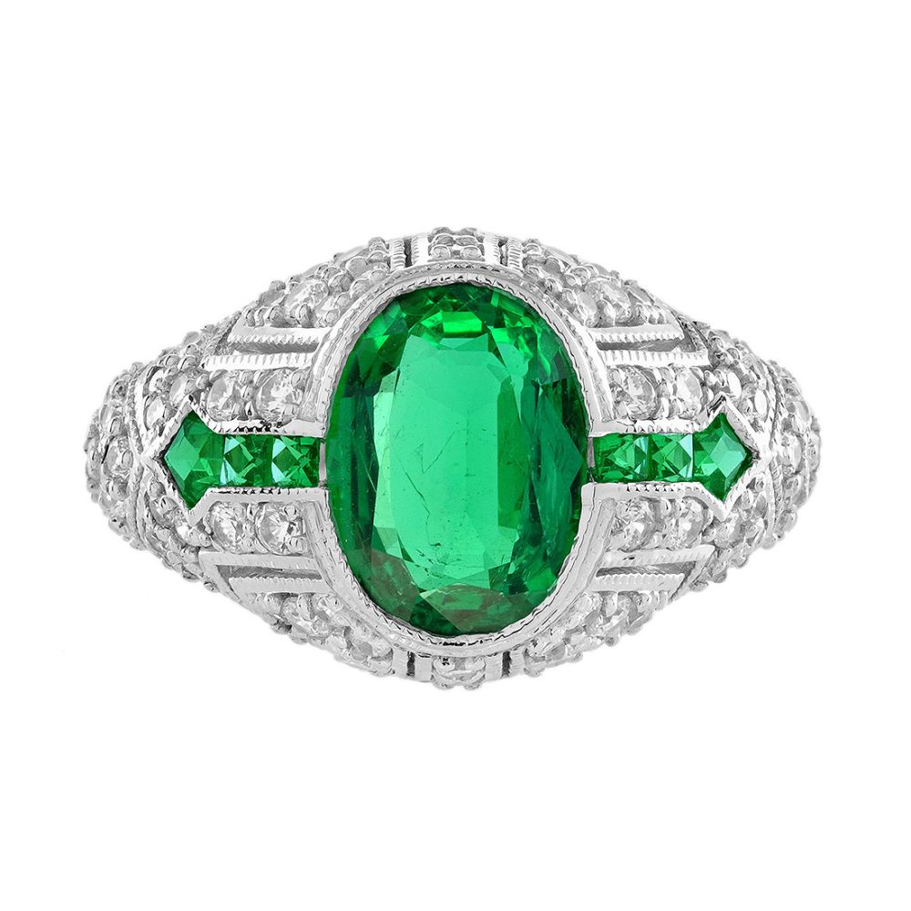 Emerald Diamond Art Deco Style Engagement Dome Ring