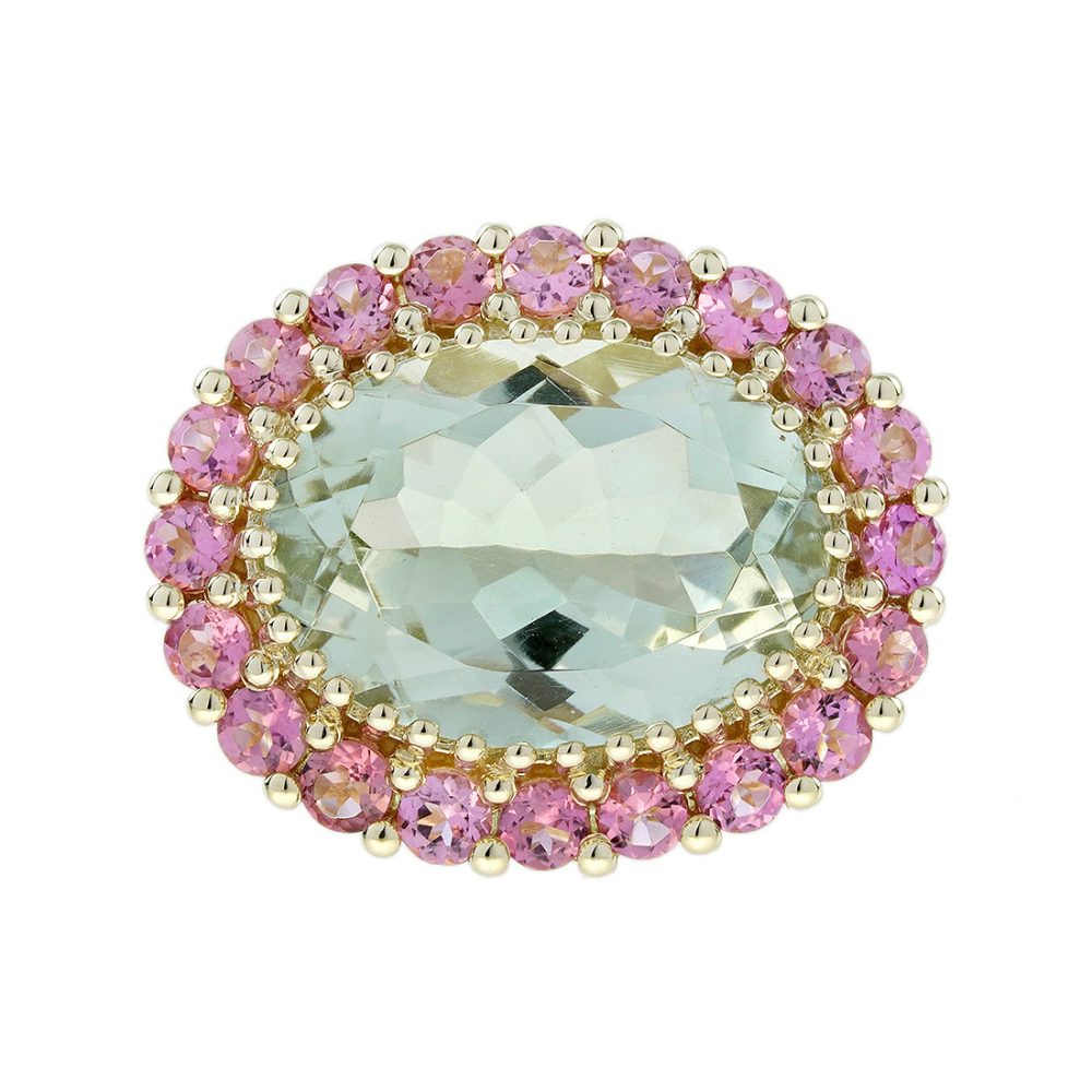 Green Amethyst Pink Tourmaline Vintage Style Oval Cocktail Ring