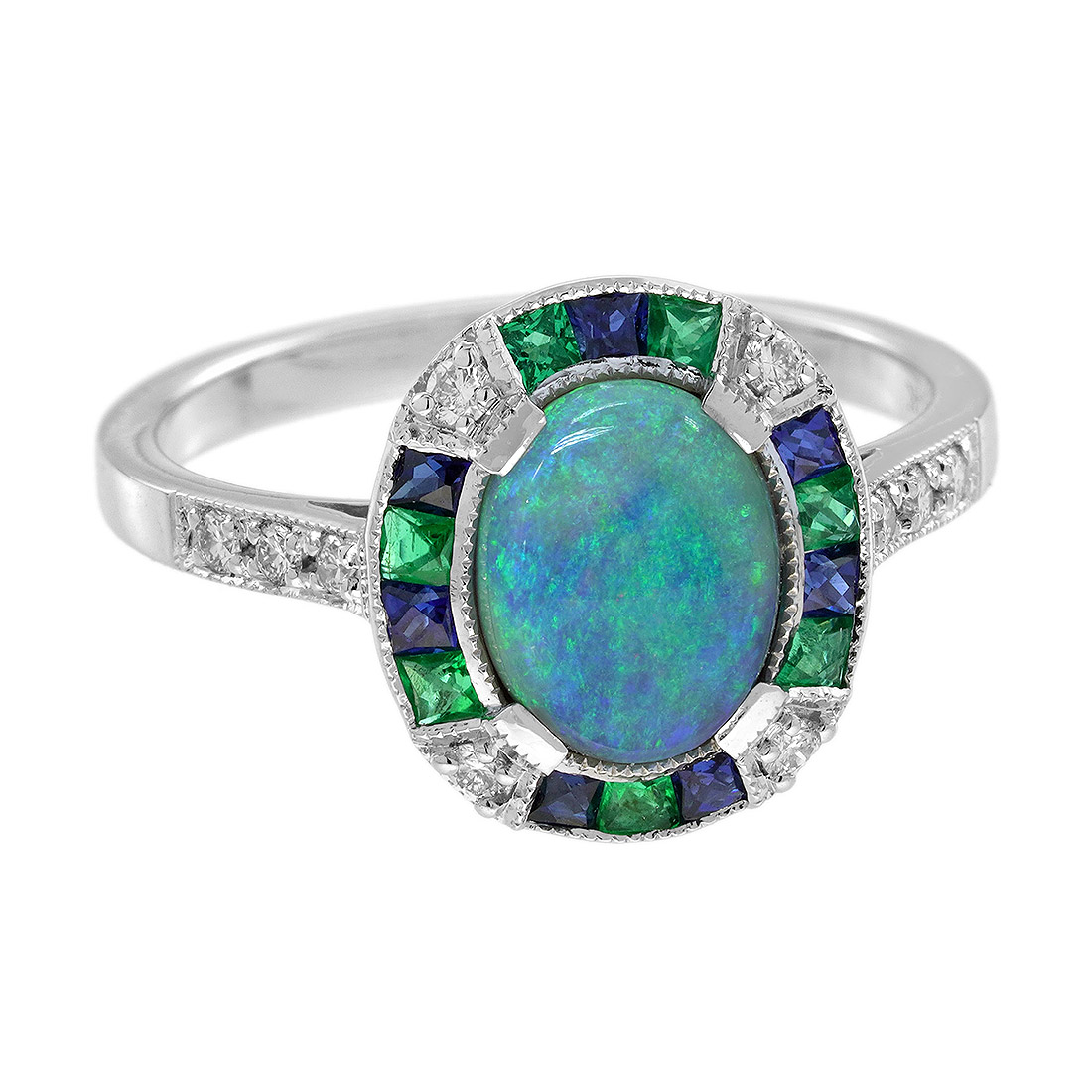 Black Opal Emerald Sapphire Diamond Art Deco Style Target Engagement Ring