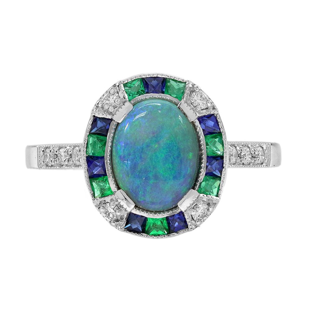 Black Opal Emerald Sapphire Diamond Art Deco Style Target Engagement Ring