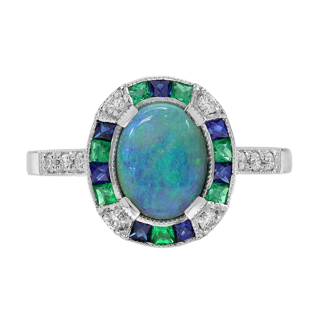 Black Opal Emerald Sapphire Diamond Art Deco Style Target Engagement Ring