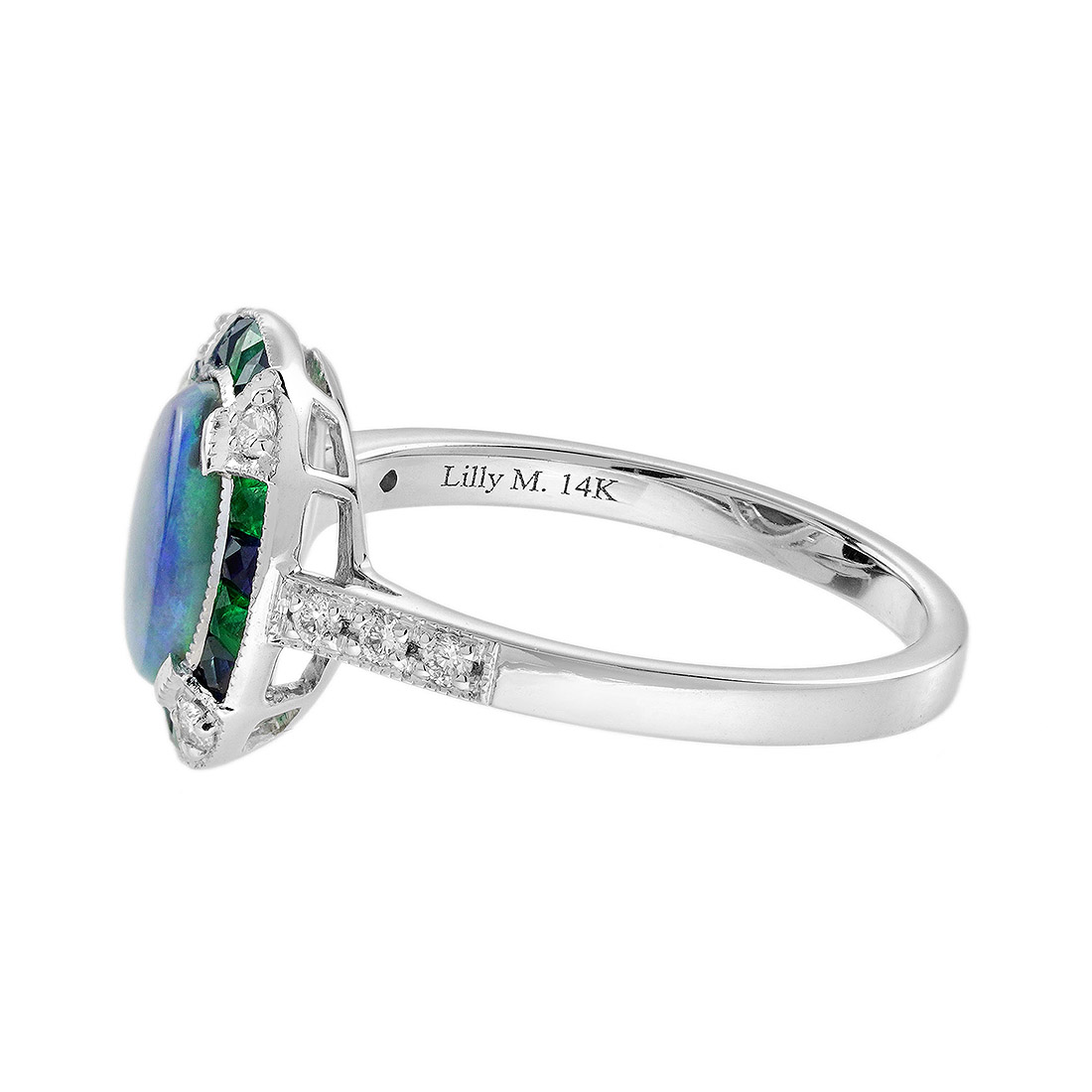 Black Opal Emerald Sapphire Diamond Art Deco Style Target Engagement Ring