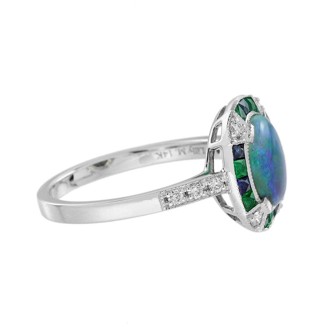 Black Opal Emerald Sapphire Diamond Art Deco Style Target Engagement Ring