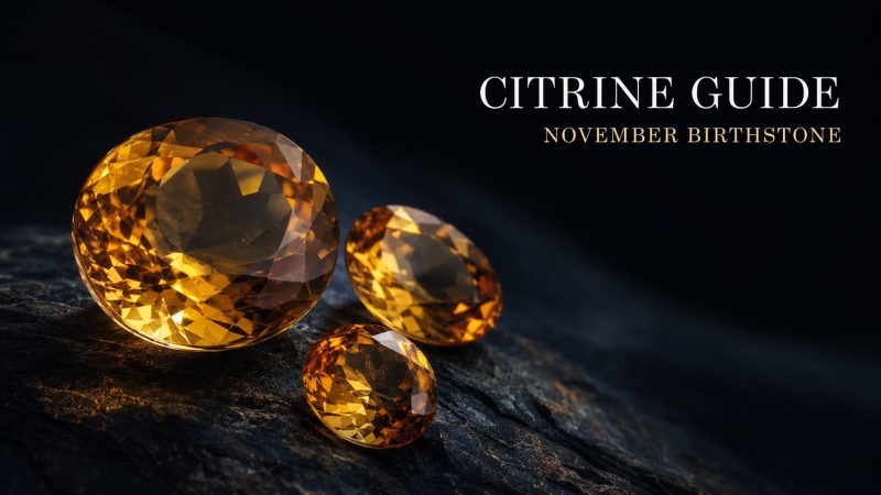 Golden faceted citrine gemstones representing the November birthstone on a dark editorial background
