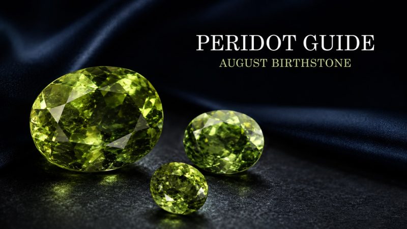 Natural yellow-green peridot gemstones representing the August birthstone on a dark editorial background