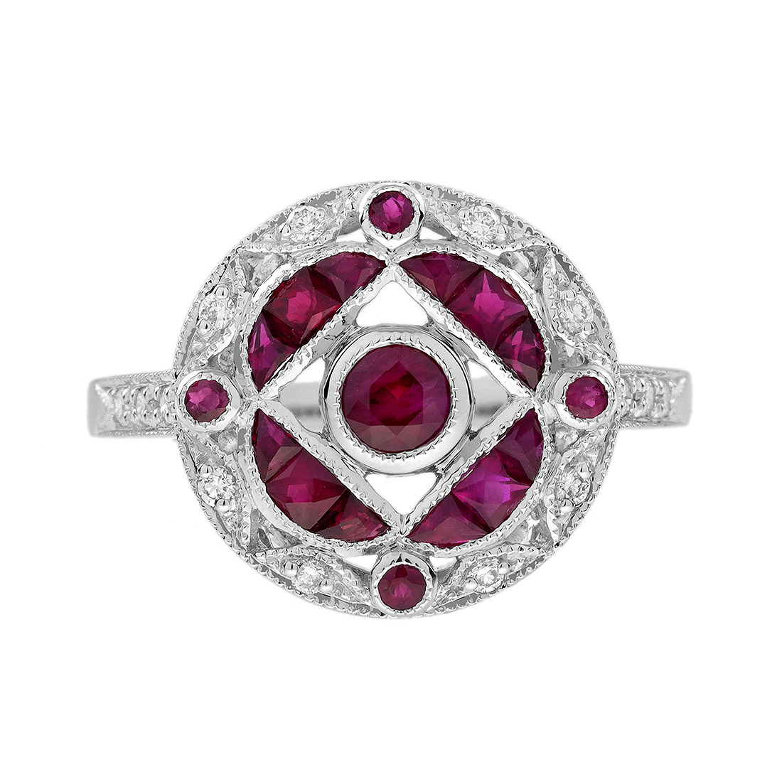 Ruby Cluster Diamond Art Deco Halo Ring | Lilly M. JEWELERS Art Deco Halo Ring