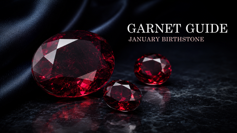 Deep red natural garnet gemstones representing the January birthstone on a dark editorial background