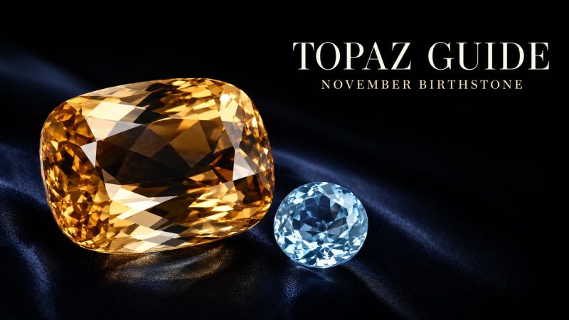 Blue and golden faceted topaz gemstones representing the November birthstone on a dark editorial background