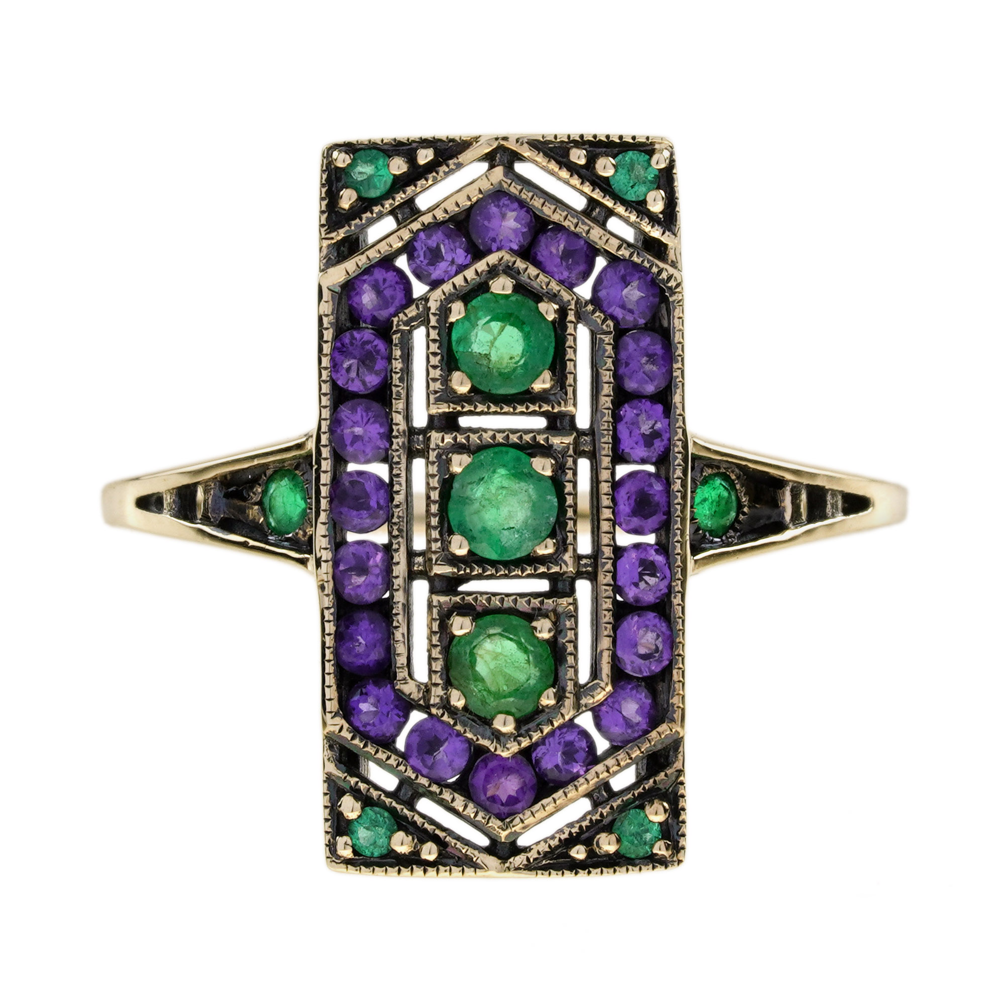 Three Stone Emerald Ring Art Deco | Lilly M. JEWELERS Three Stone Emerald Ring