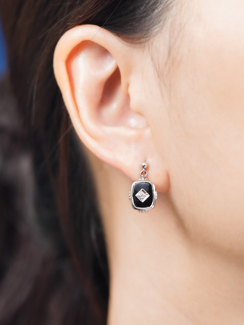 E1760 CZ-OX L2611OB 01 Onyx Diamond Square Frame Art Deco Style Unisex Drop Earrings in Solid Gold