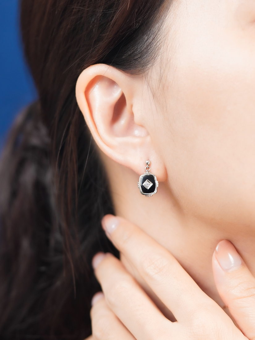 E1760 CZ-OX L2611OB 02 Onyx Diamond Square Frame Art Deco Style Unisex Drop Earrings in Solid Gold