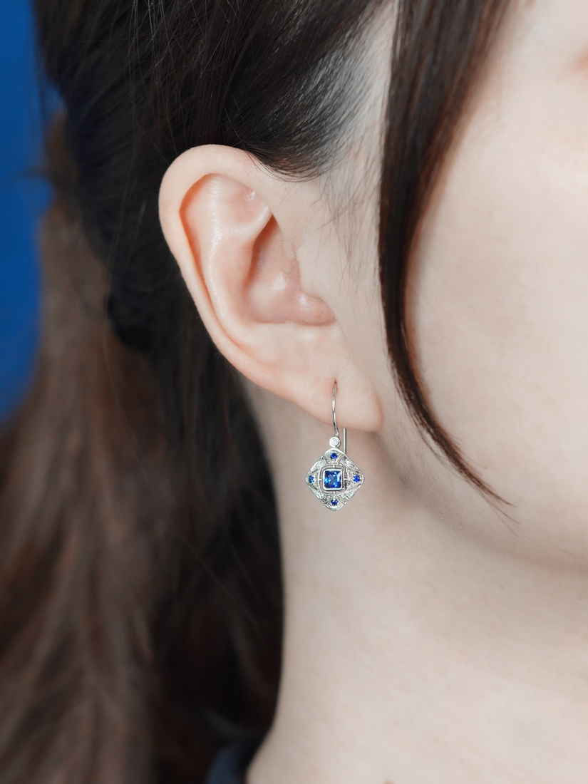 Blue Sapphire Diamond Filigree Drop Earrings in Two Tone Gold