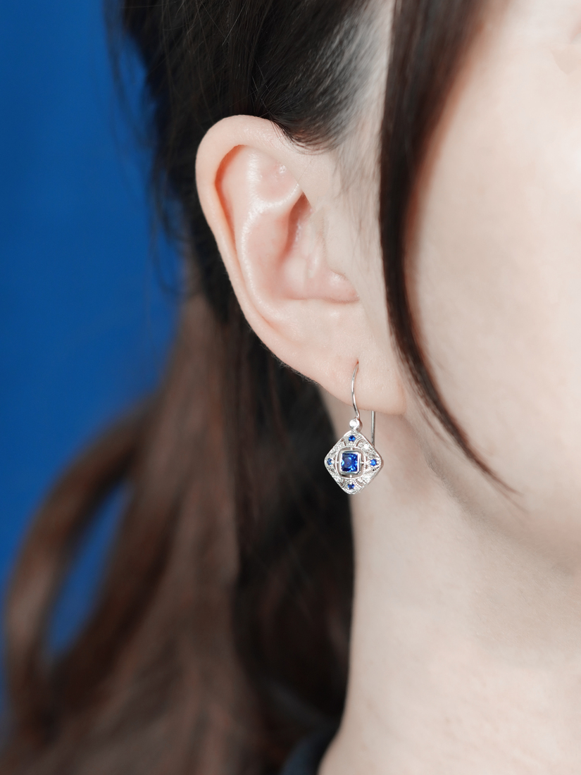 Blue Sapphire Diamond Filigree Drop Earrings in Two Tone Gold
