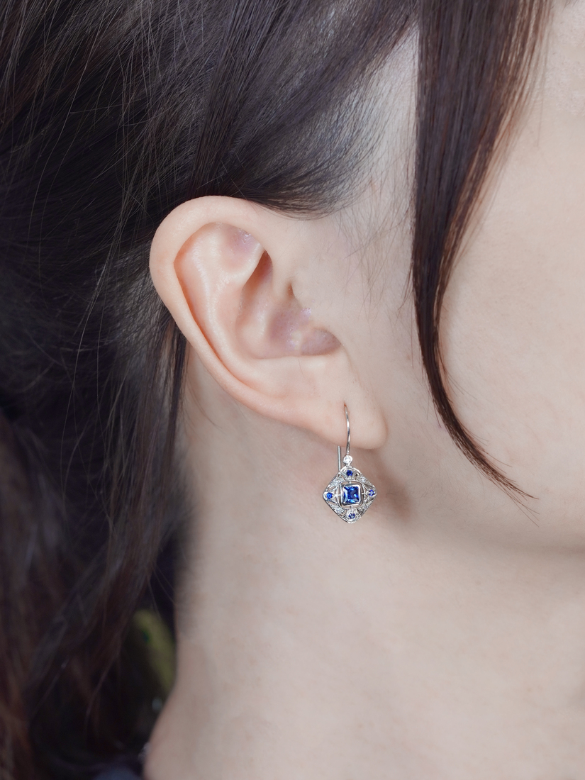 Blue Sapphire Diamond Filigree Drop Earrings in Two Tone Gold