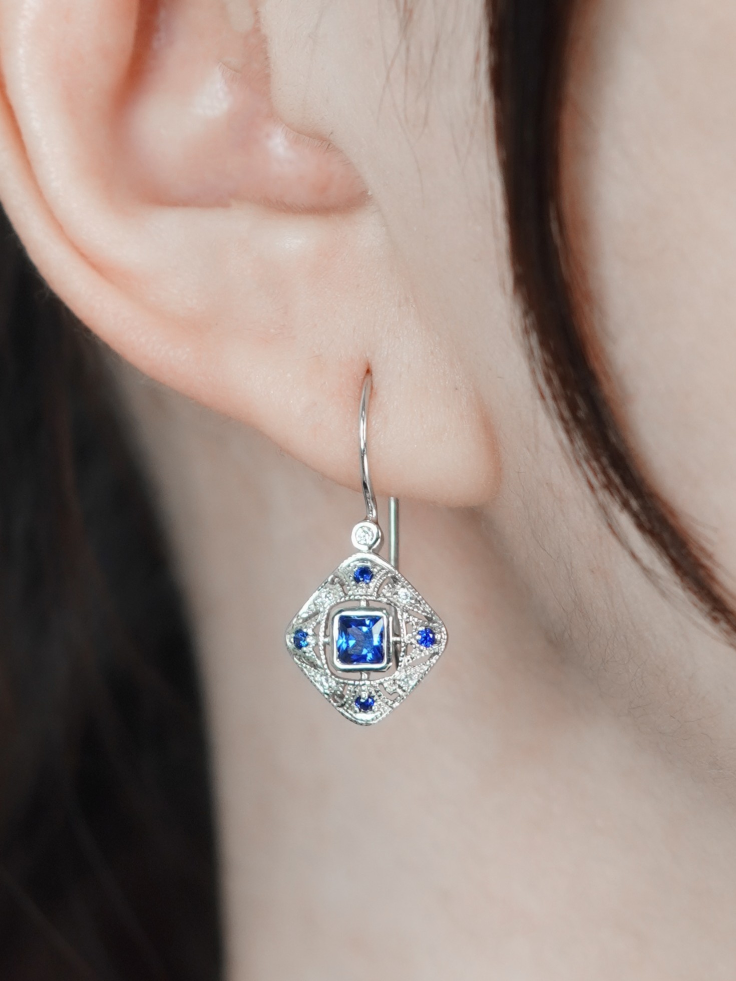 Blue Sapphire Diamond Filigree Drop Earrings in Two Tone Gold