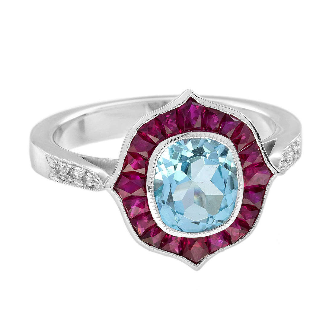 Cushion Blue Topaz Ruby and Diamond Engagement Ring Angled View blue topaz ruby and diamond ring 14k gold angled view