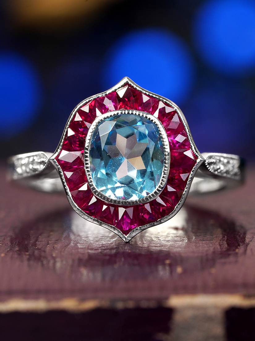 Cushion Blue Topaz Ruby and Diamond Engagement Ring Beauty Front blue topaz ruby and diamond ring 14k gold beauty font