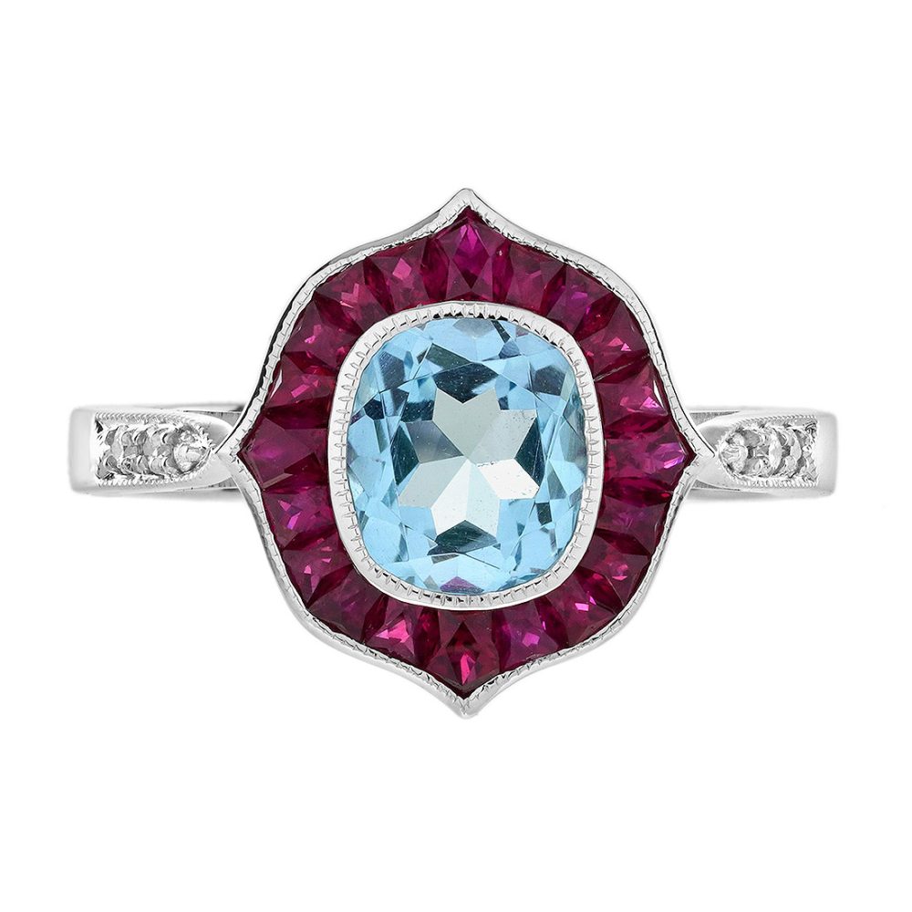 Home 9 Cushion Blue Topaz Ruby and Diamond Art Deco Style Engagement Ring in Solid Gold by Lilly M. JEWELERS