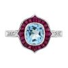 Cushion Blue Topaz Ruby and Diamond Engagement Ring Front Cushion Blue Topaz Ruby and Diamond Art Deco Style Engagement Ring in Solid Gold by Lilly M. JEWELERS