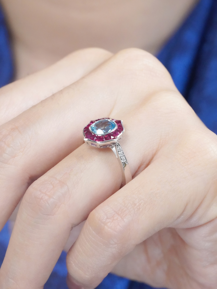 Cushion Blue Topaz Ruby and Diamond Engagement Ring on Body Side Near blue topaz ruby and diamond ring 14k gold on body side near