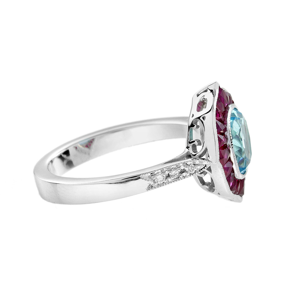 Cushion Blue Topaz Ruby and Diamond Engagement Ring Side blue topaz ruby and diamond ring 14k gold side
