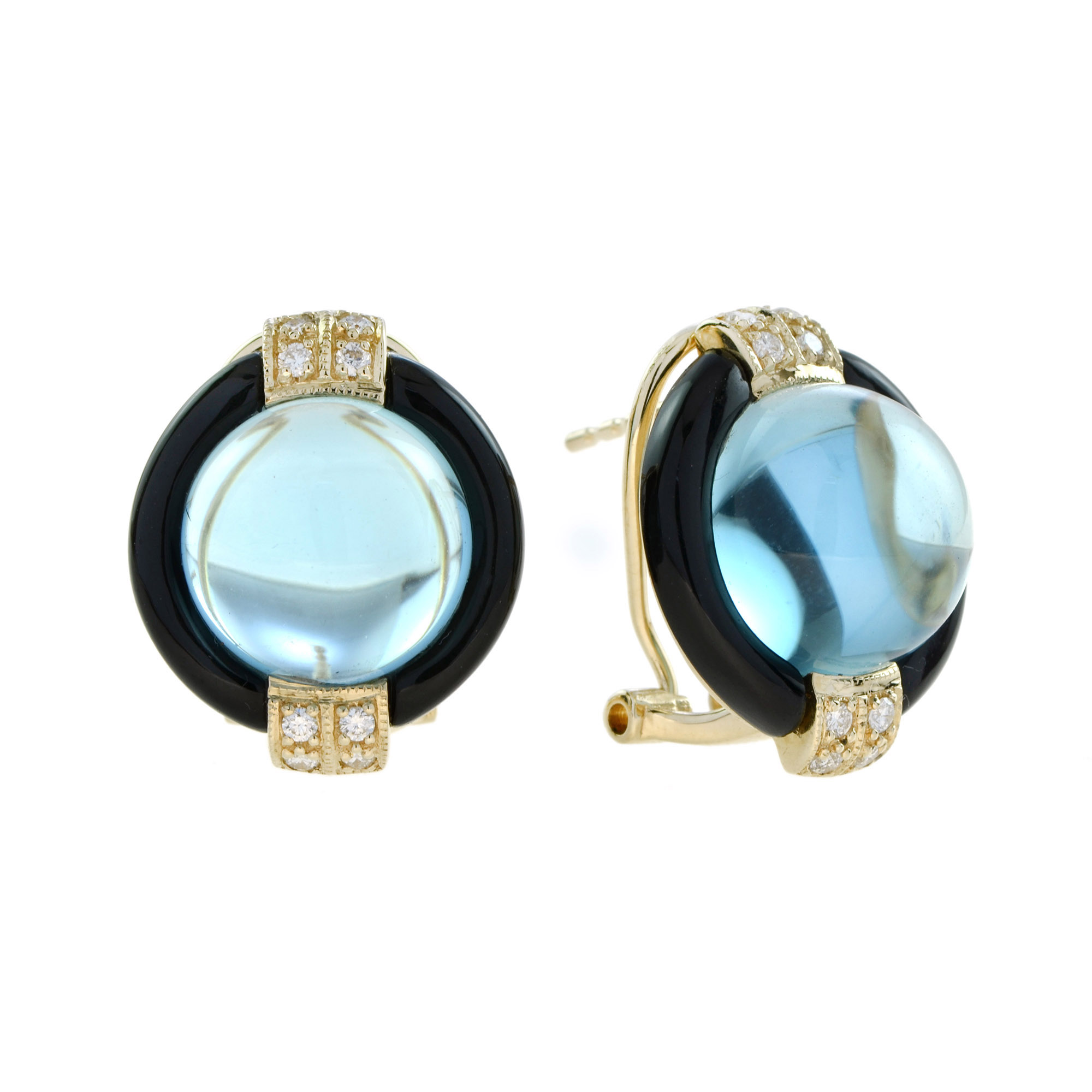 Cabochon Blue Topaz Onyx and Diamond Stud Earrings Cabochon Blue Topaz Stud Earrings by Lilly M. JEWELERS