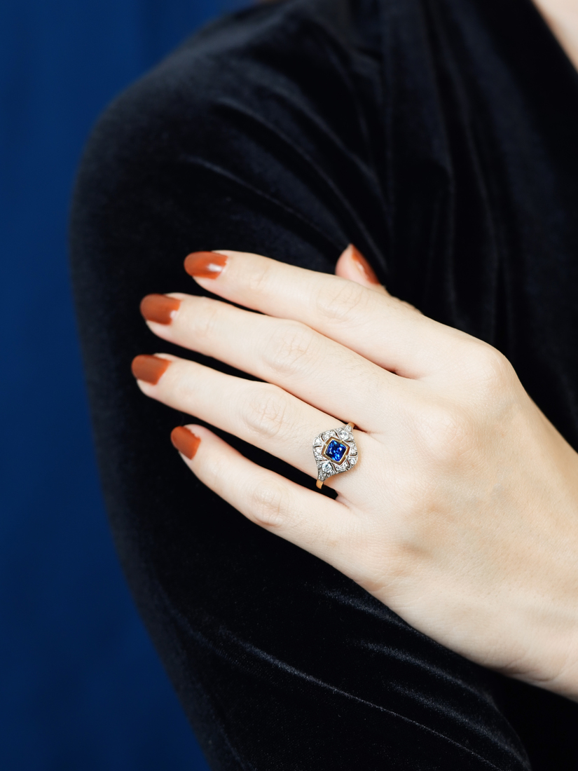 Ceylon Sapphire and Diamond Engagement Ring on Body Distant Front