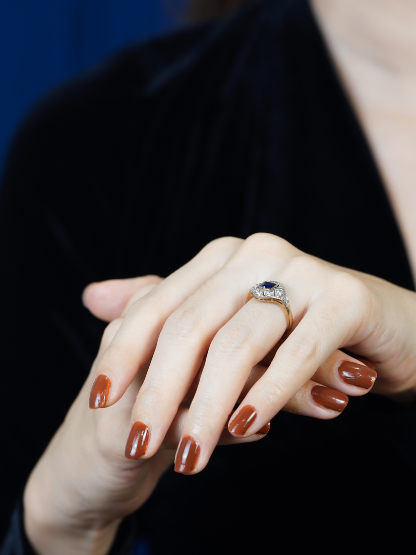 Ceylon Sapphire and Diamond Engagement Ring on Body Distant Side