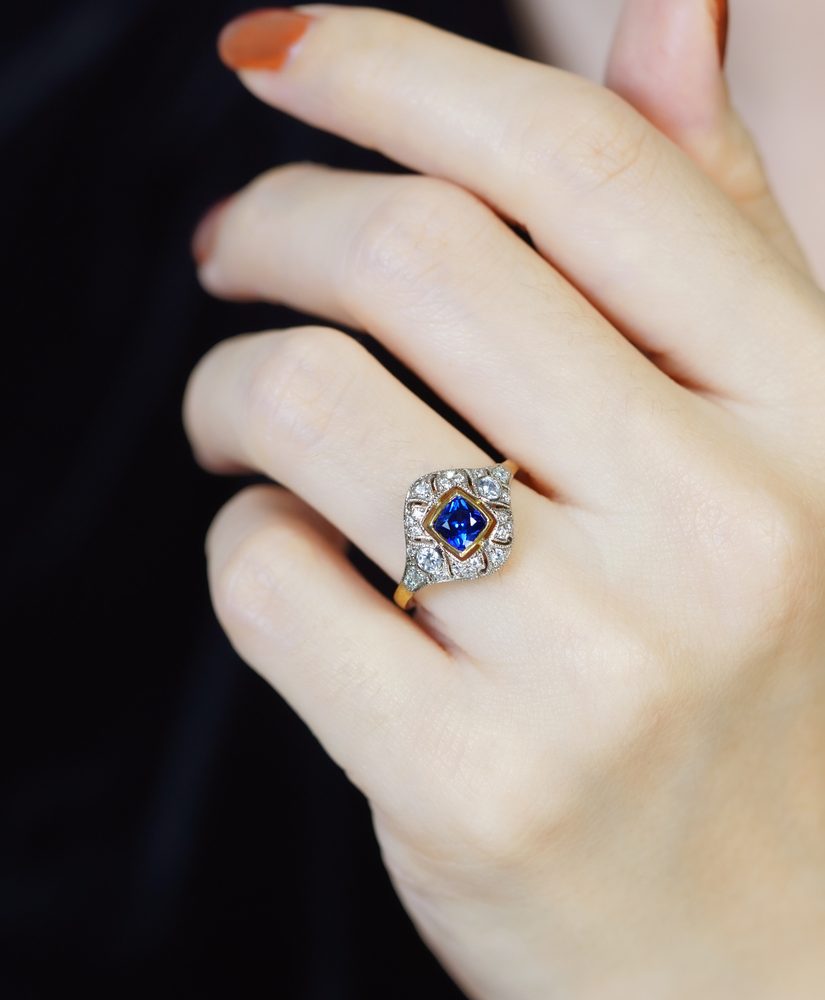 Ceylon Sapphire and Diamond Engagement Ring on Body Near Front