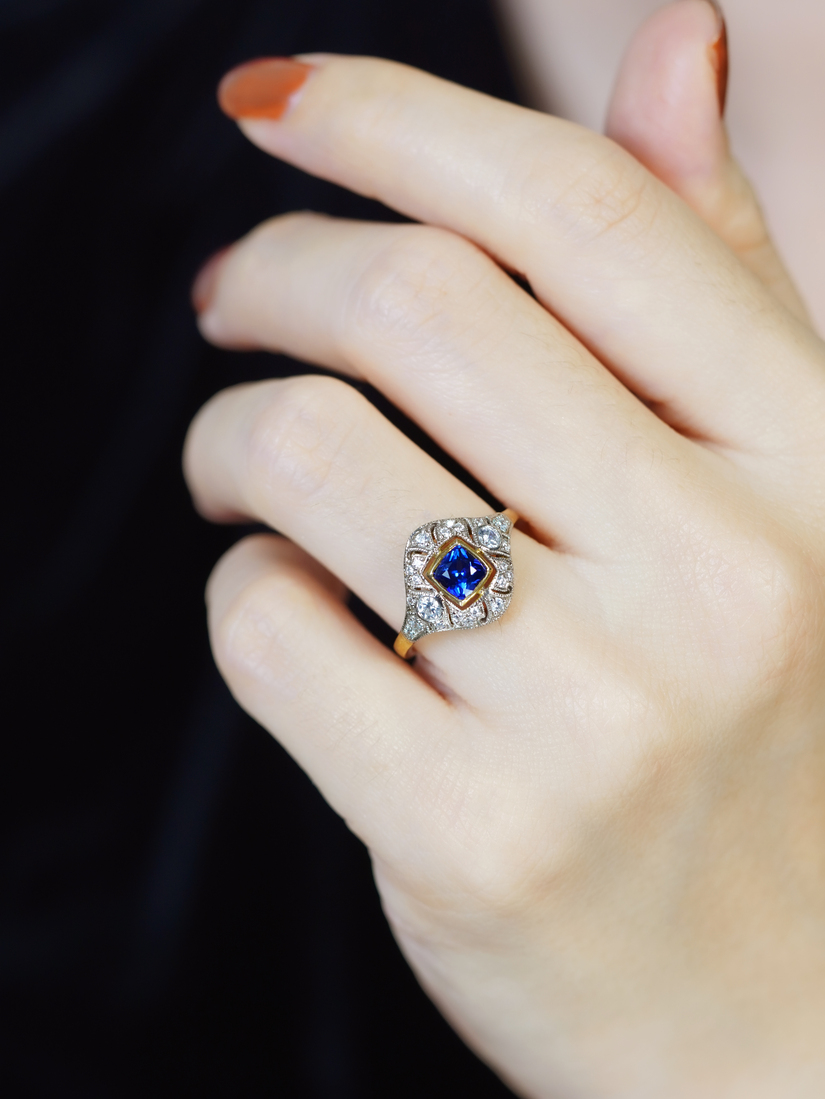 Ceylon Sapphire and Diamond Engagement Ring on Body Near Front