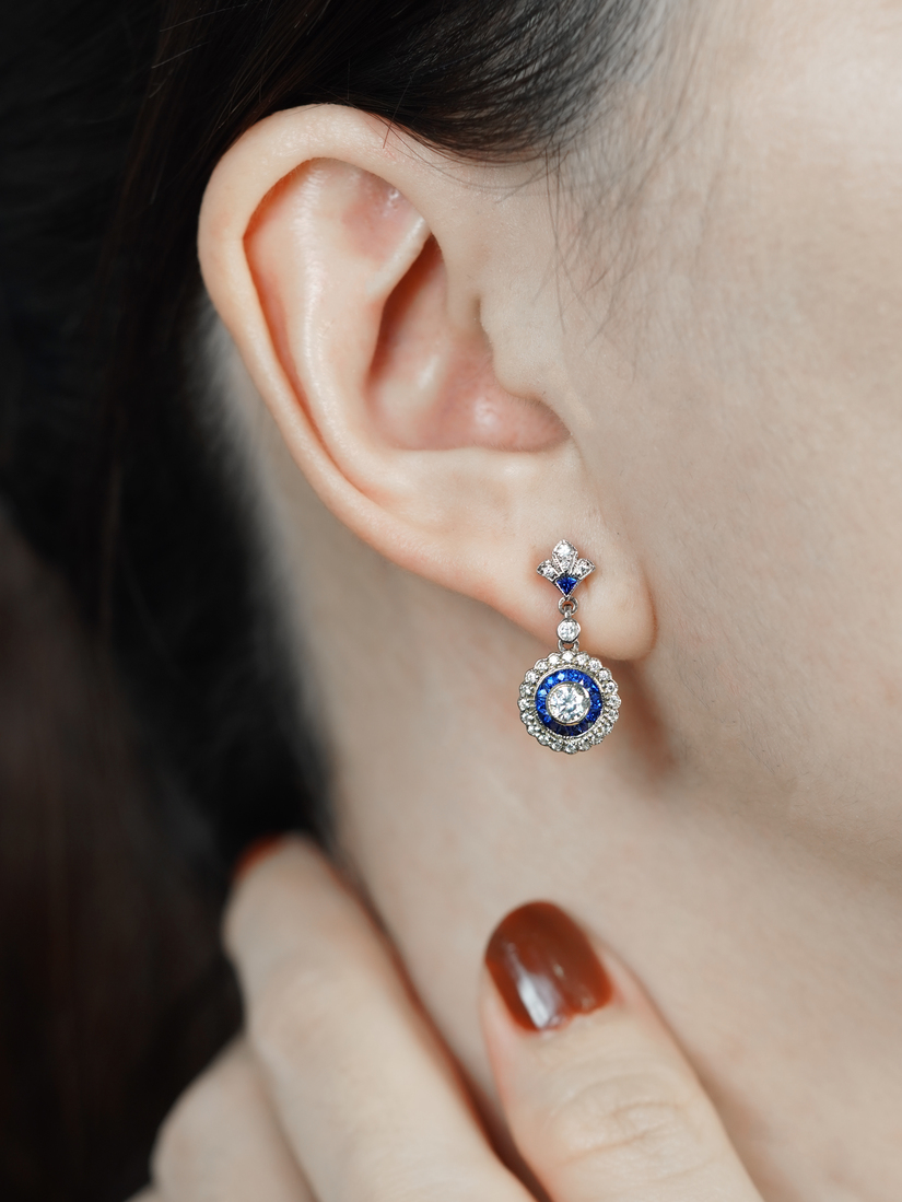 Diamond and Sapphire Drop Earrings Front Distant