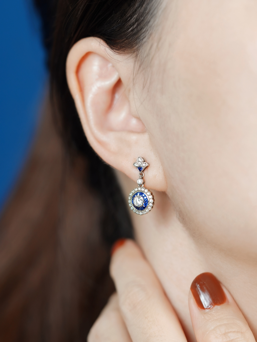 Diamond and Sapphire Drop Earrings Side Distant