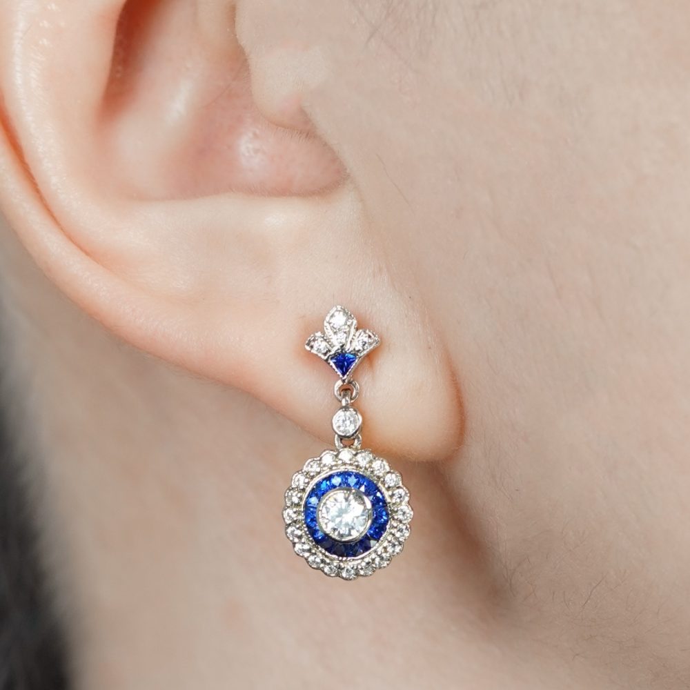 Diamond and Sapphire Drop Earrings Front Near