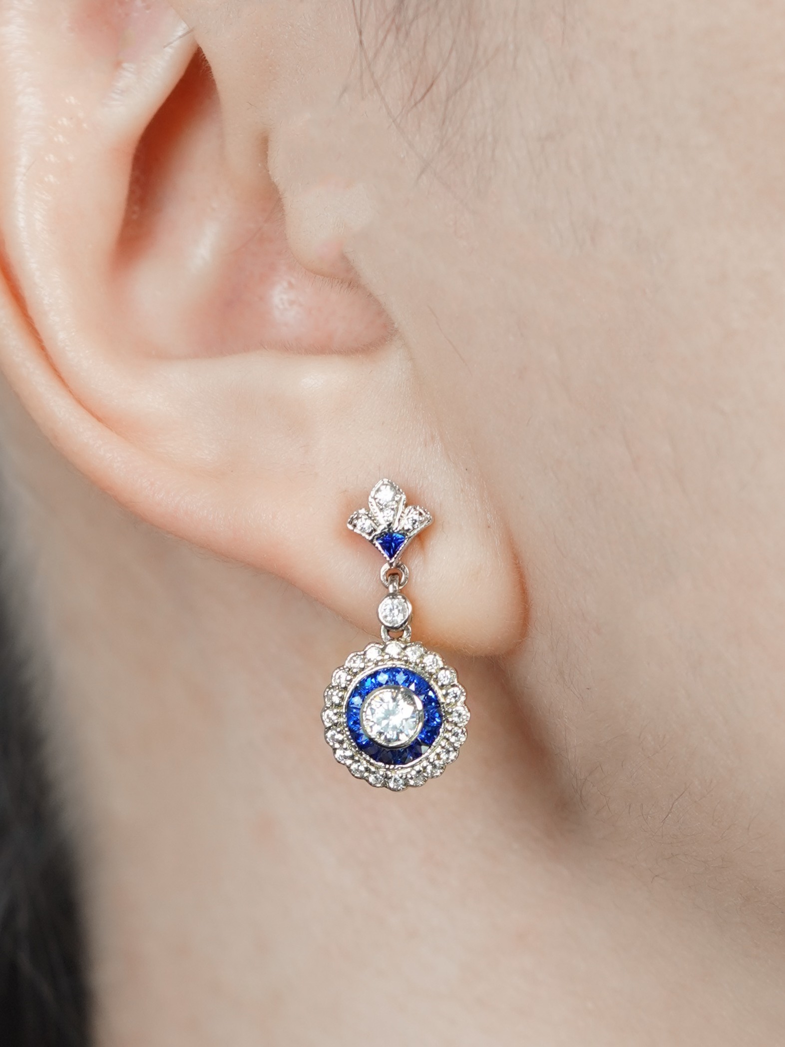 Diamond and Sapphire Drop Earrings Front Near